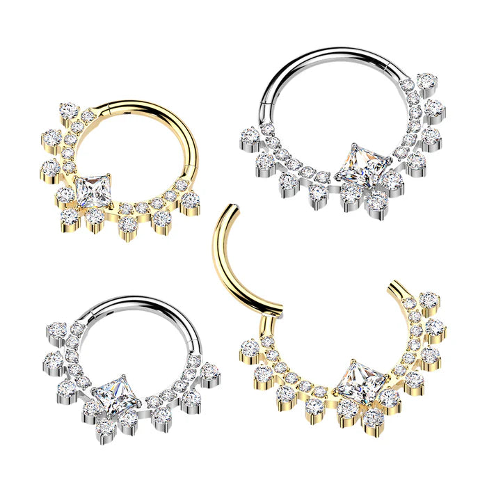 Titanium Hinged Segment Hoop Ring With CZ Diamond Center And CZ Pave