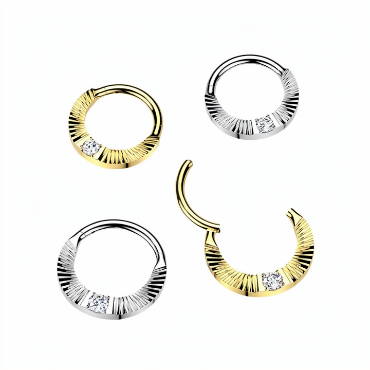 Titanium Hinged Segment Hoop Ring With Diamond Cuts & Round CZ Center