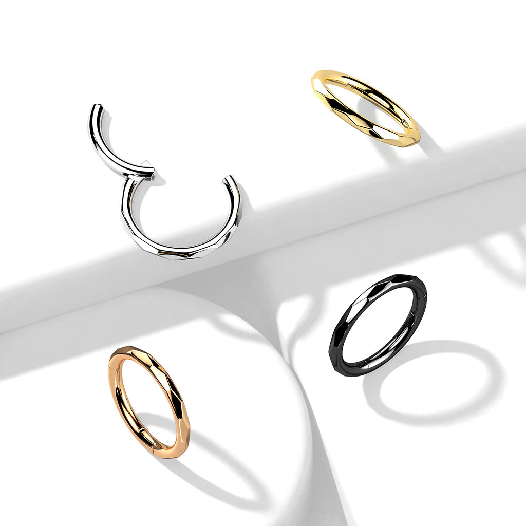 Titanium Hinged Segment Hoop Ring With Faceted Side in 20ga to 16ga