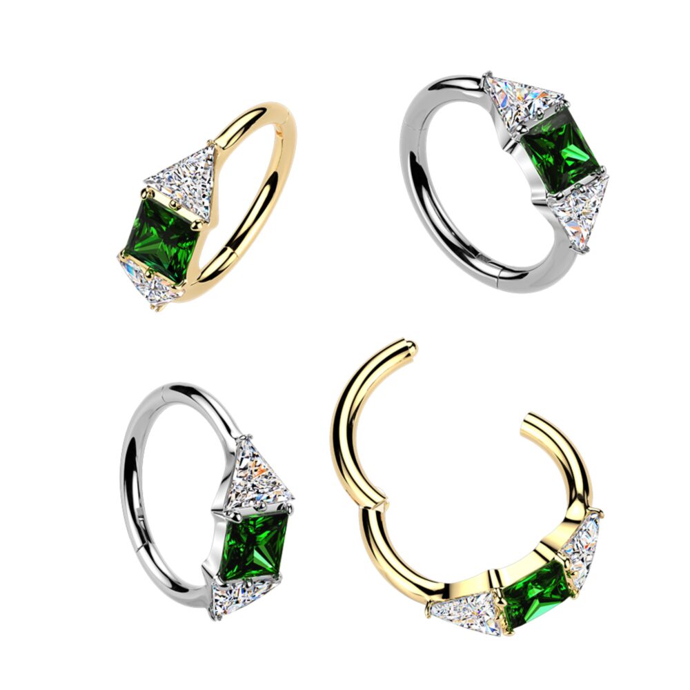 Titanium Hinged Segment Hoop Ring With Green Square CZ and Triangle CZ Ends