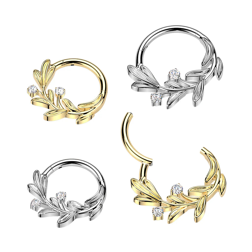 Titanium Hinged Segment Hoop Ring With Olive Leaf and CZ