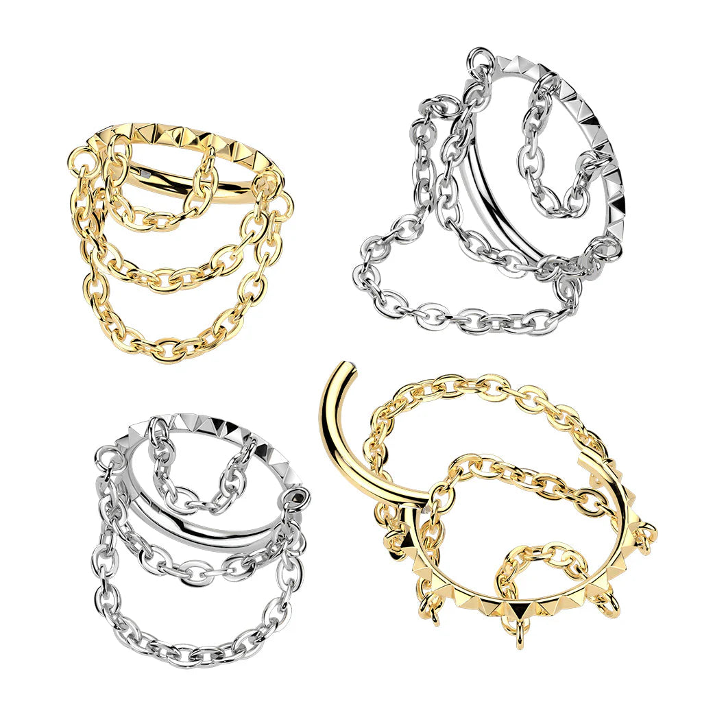 Titanium Hinged Segment Hoop Ring With Spikes and Triple Chain Dangle