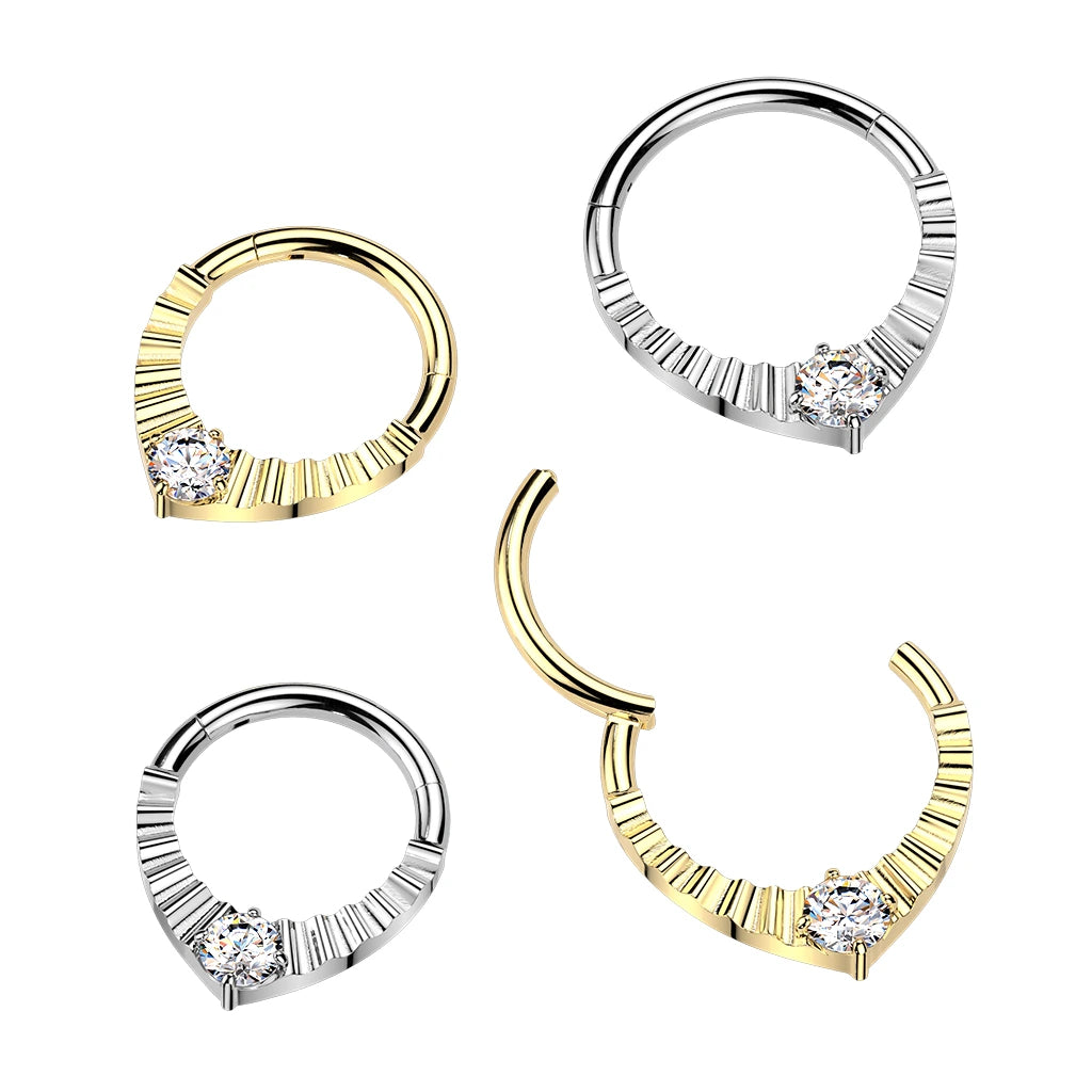 Titanium Hinged Segment Teardrop Hoop Ring With Facets & CZ Center