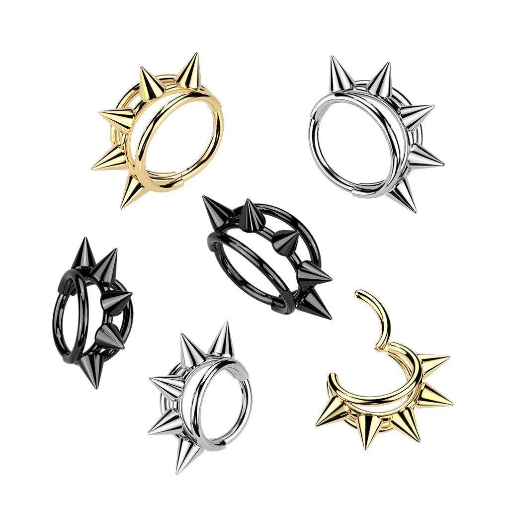 Titanium Hinged Segment Triple Hoop Ring With Centered Spikes