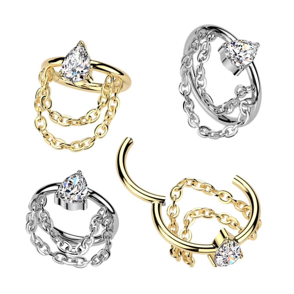 Titanium Hinged Teardrop CZ Segment Hoop Ring With Double Chain Dangle