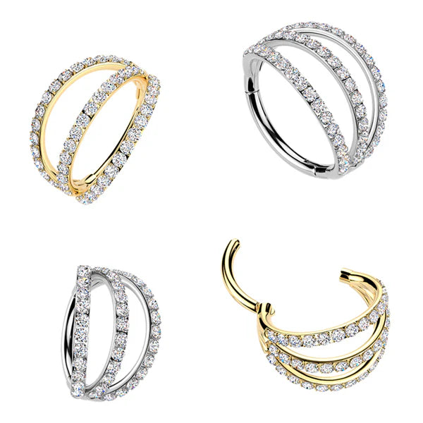 Titanium Hinged Triple Layer Paved CZ Segment Hoop Ring