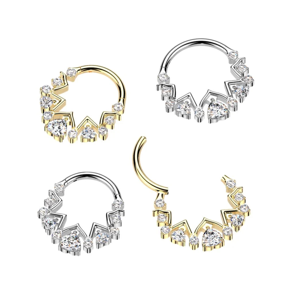 Titanium Hinged Zigzag Segment Hoop Ring With Upside Down Heart and Round CZ