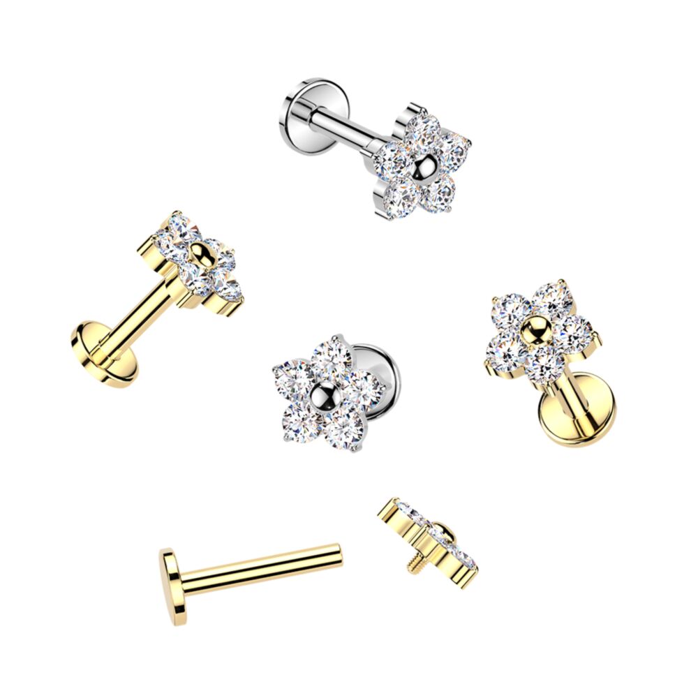 Titanium Internally Threaded 4mm Flat Back Labret With 5 CZ Flower Top
