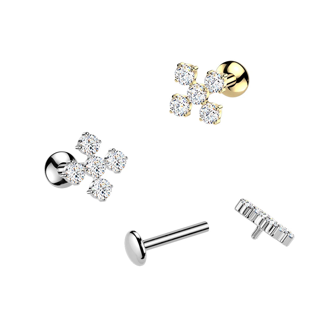 Titanium Internally Threaded 5 CZ Cross Top Labret With Convex Back