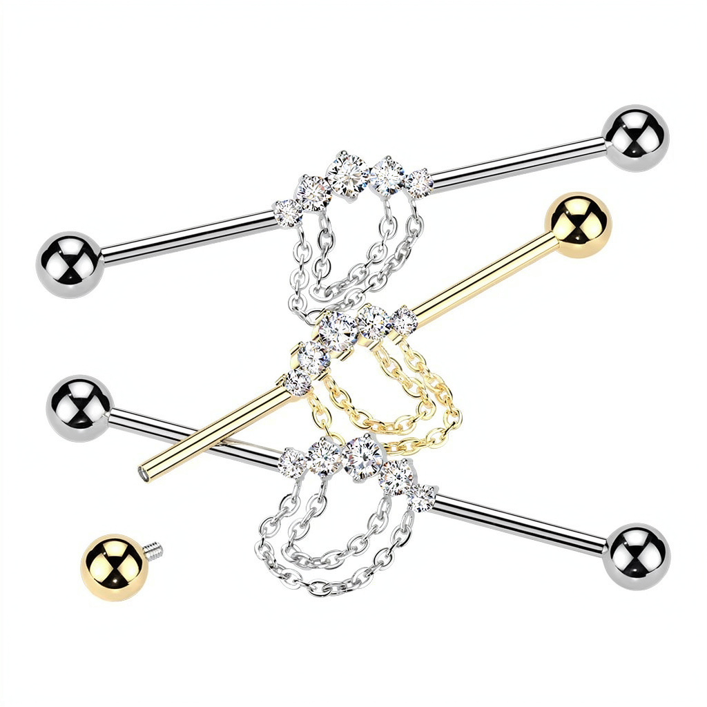 Titanium Internally Threaded 5 CZ With Double Chain Industrial Barbell