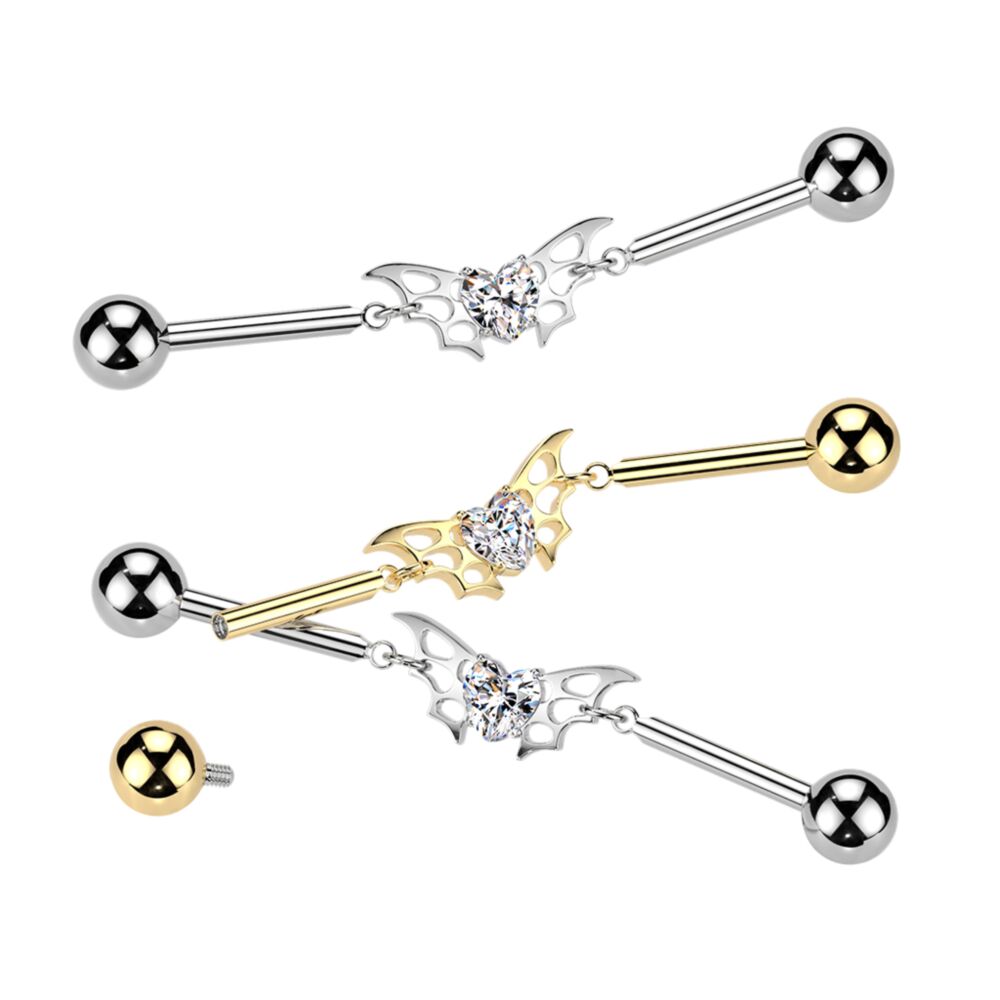 Titanium Internally Threaded Bat Wings With CZ Heart Center Chain Industrial Barbell