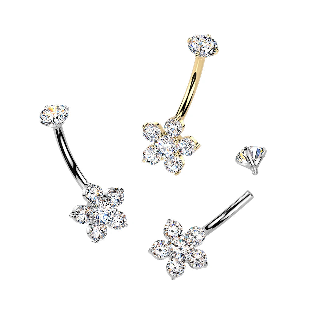Titanium Internally Threaded Belly Ring With Prong Set CZ Top & Flower