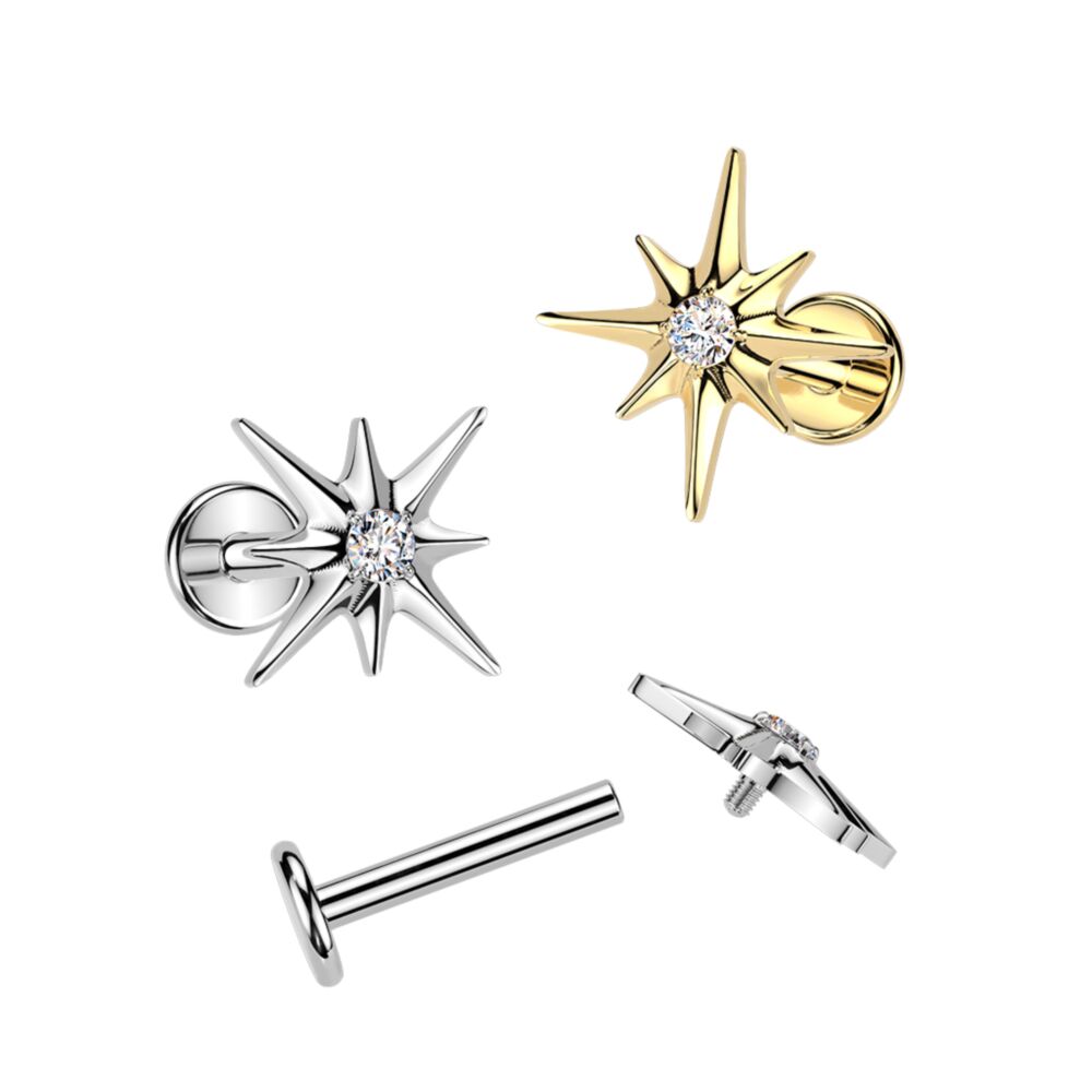 Titanium Internally Threaded CZ Centered Starburst Top Labret, Flat Back Stud.