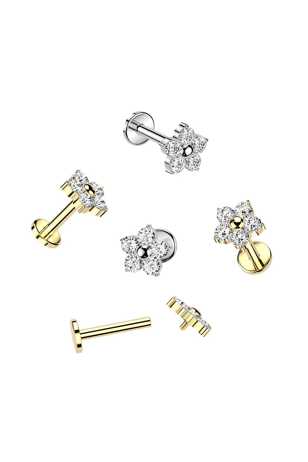 CZ Centered Rose Blossom Ends 316L Surgical Steel Nipple Barbell Rings