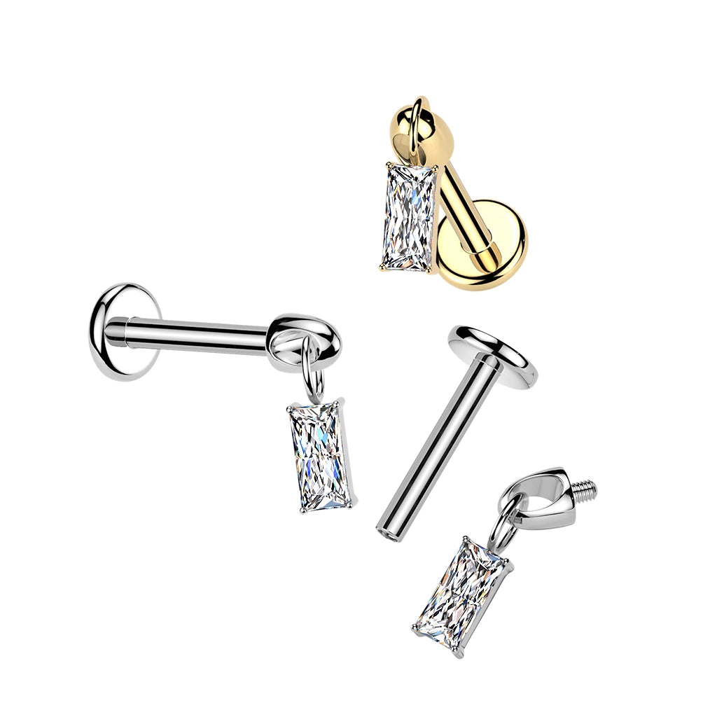 Titanium Internally Threaded Flat Back Labret With Baguette CZ Dangle