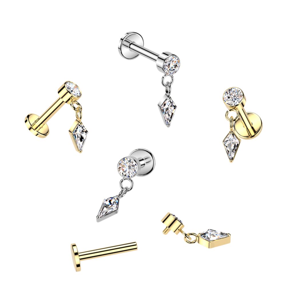 Titanium Internally Threaded Flat Back Labret With Bezel Set CZ & Kite CZ Dangle