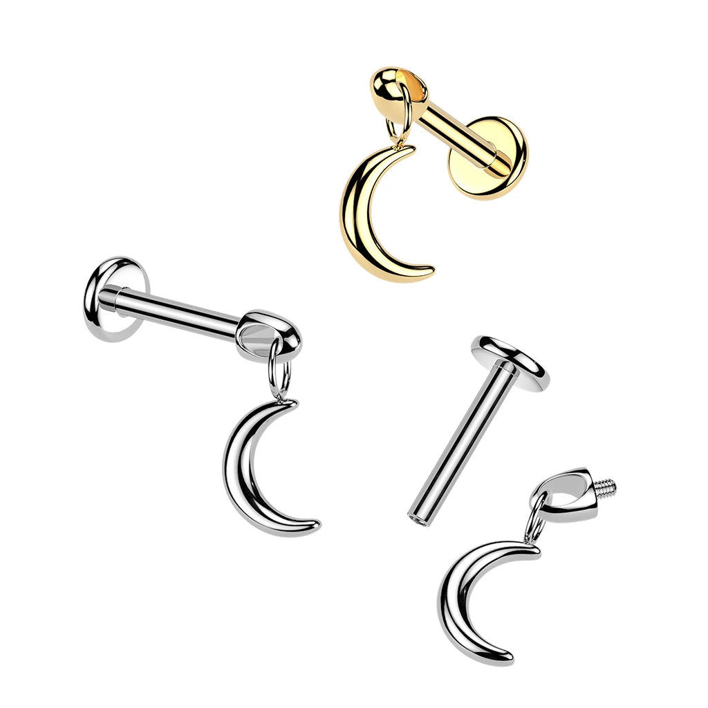 Titanium Internally Threaded Flat Back Labret With Crescent Moon Dangle