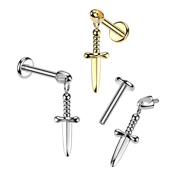 Titanium Internally Threaded Flat Back Labret With Dagger Dangle