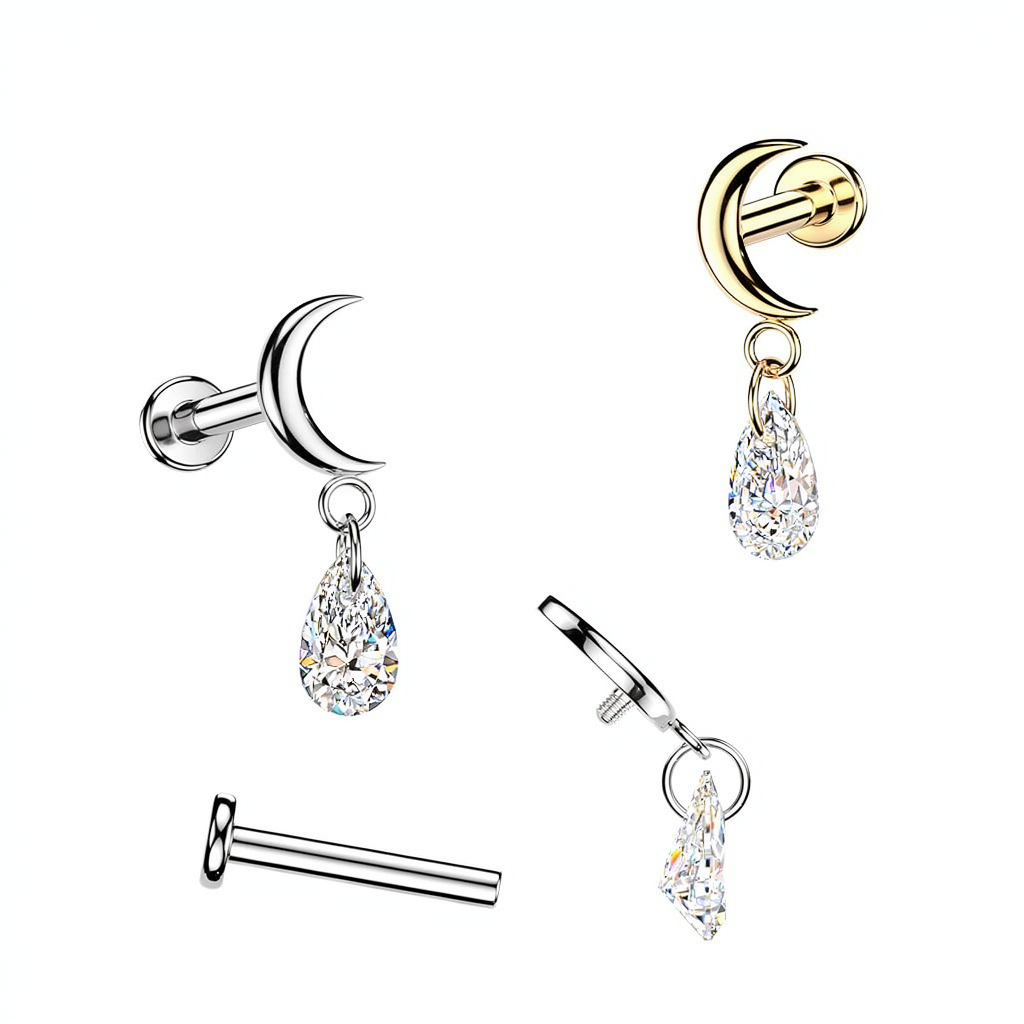 Titanium Internally Threaded Flat Back Labret With Moon Top & Teardrop CZ Dangle