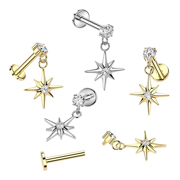 Titanium Internally Threaded Flat Back Labret With Prong Set CZ & Starburst Dangle