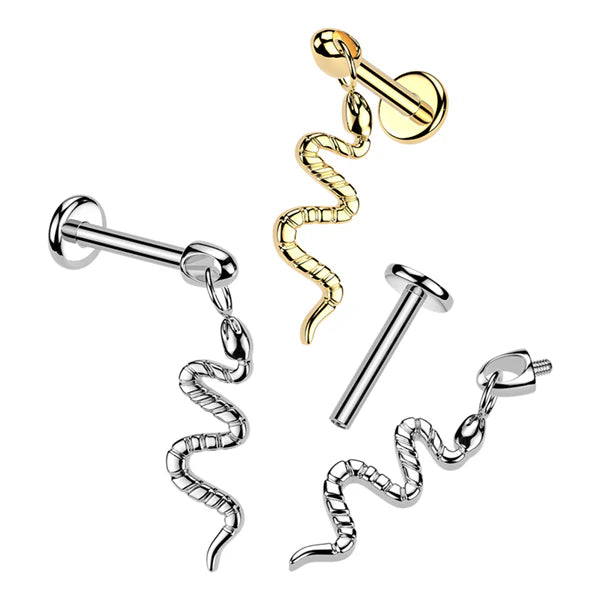 Titanium Internally Threaded Flat Back Labret With Snake Dangle