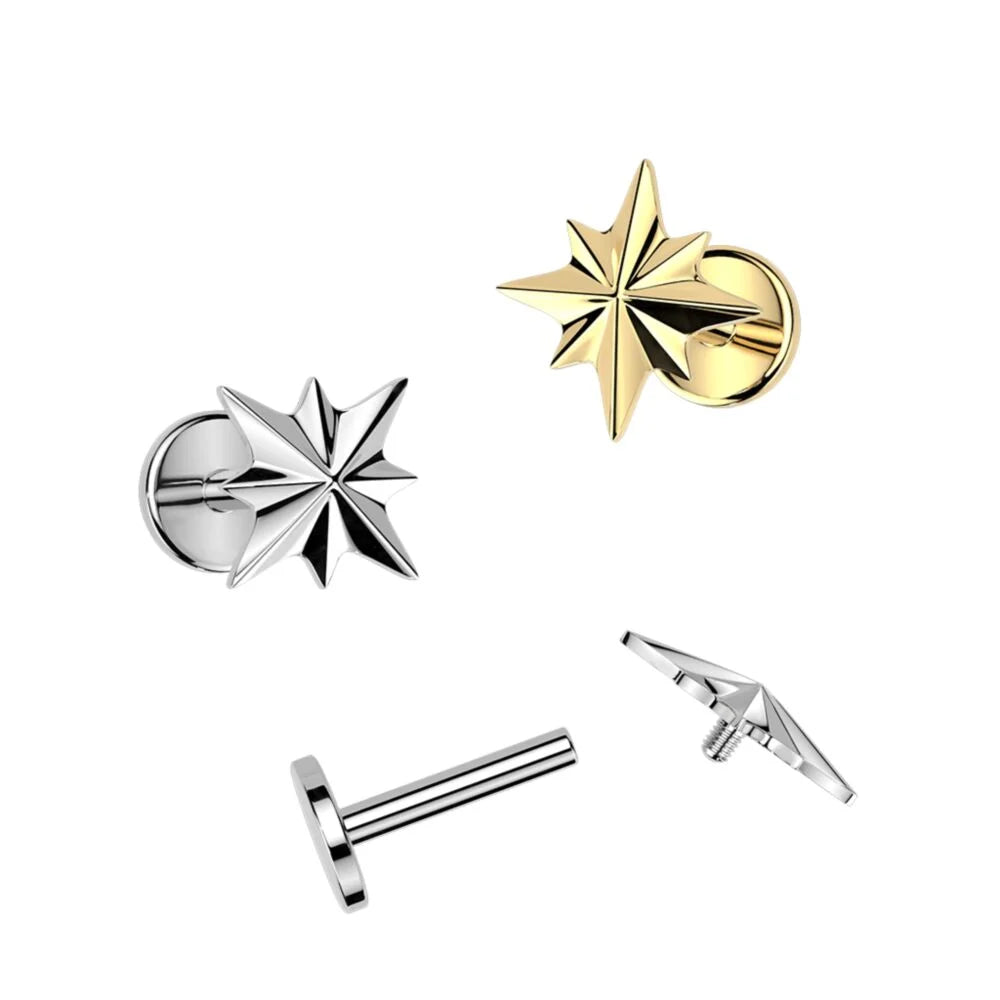 Titanium Internally Threaded Flat Back Labret With Starburst Top