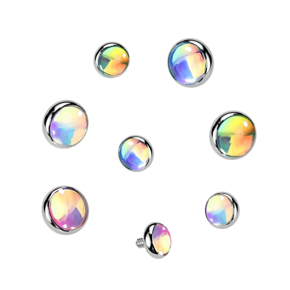Titanium Internally Threaded Flat Bezel Set Iridescent Stone Top