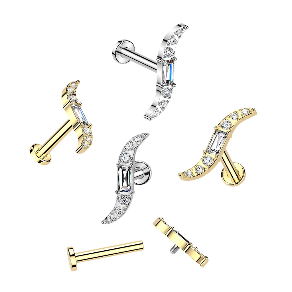 Titanium Internally Threaded Labret With Baguette CZ Center and Round CNC Set CZ Wave Top