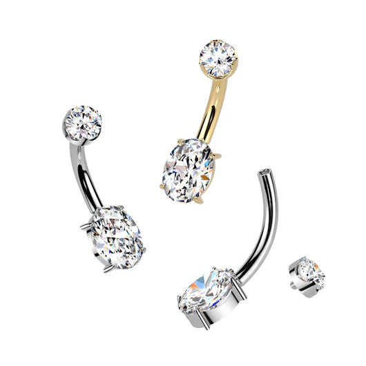 Titanium Internally Threaded Prong Set Oval Moissanite Bottom With Flat Back Prong Set Round Moissanite Top Belly Button Ring