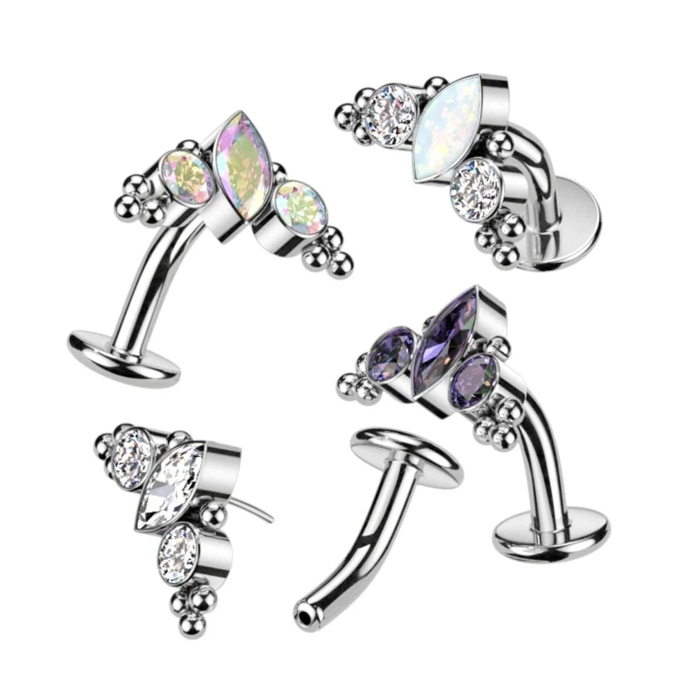 Titanium Threadless Floating Base Belly Button Ring With Marquise CZ or Opal Center Surrounded by CZs and Ball Clusters Top