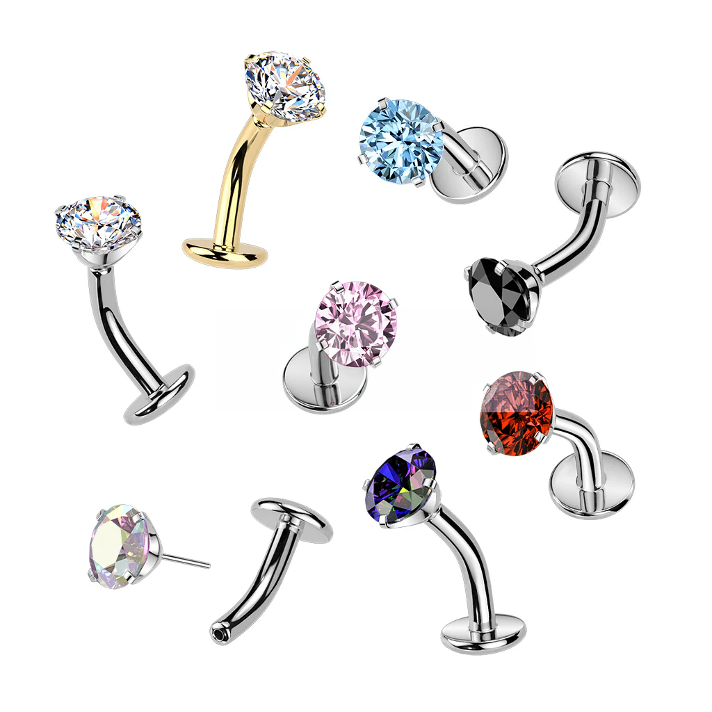 Titanium Threadless Floating Base Belly Button Ring With Prong Set CZ Top