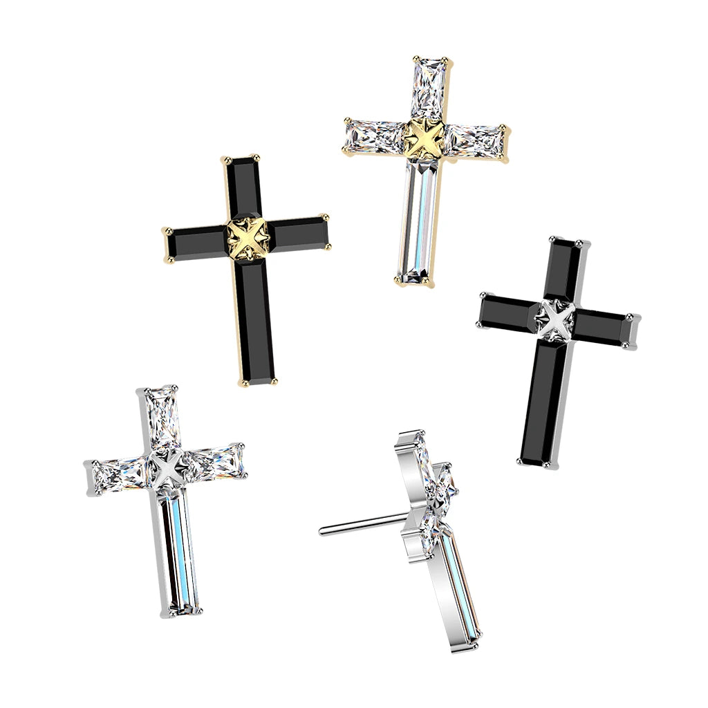 Titanium Threadless Push In Baguette CZ Cross Top
