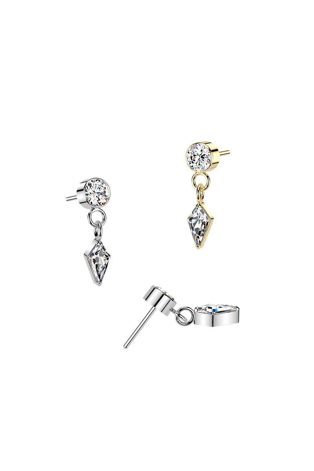 Titanium Threadless Push In Bezel Set CZ Top With Kite Shaped CZ Dangle