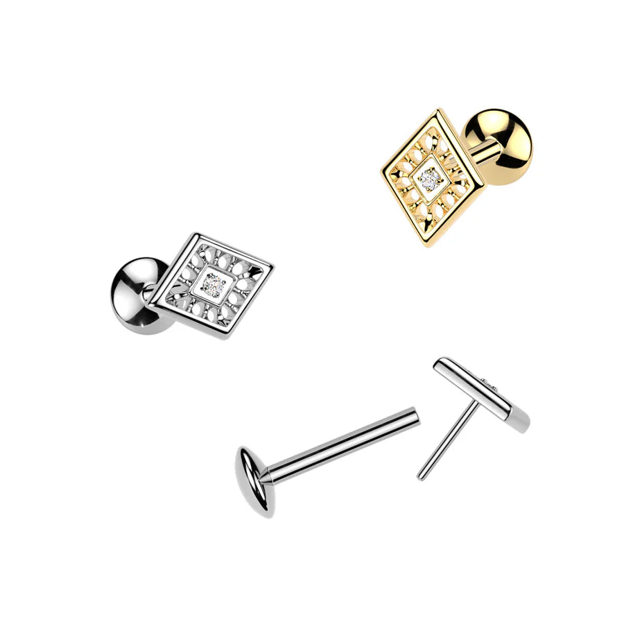 Titanium Threadless Push In Convex Base Stud With Diamond Cut CZ Top