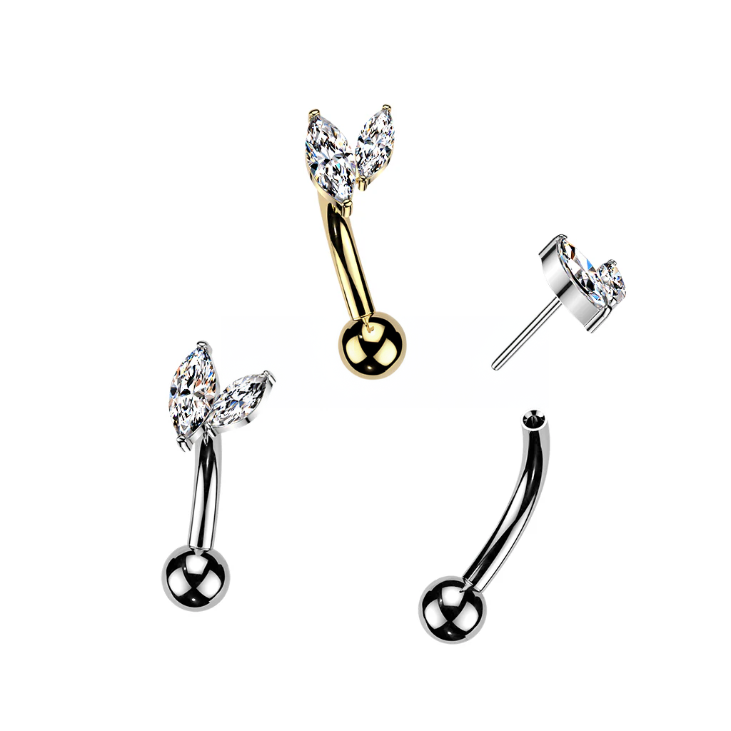 Titanium Threadless Push In Eyebrow Curved Barbell With Double Marquise CZ Top