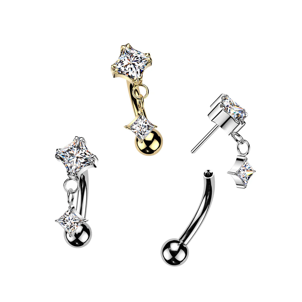 Titanium Threadless Push In Eyebrow Curved Barbell With Prong Set Diamond CZ Top and Diamond CZ Dangle