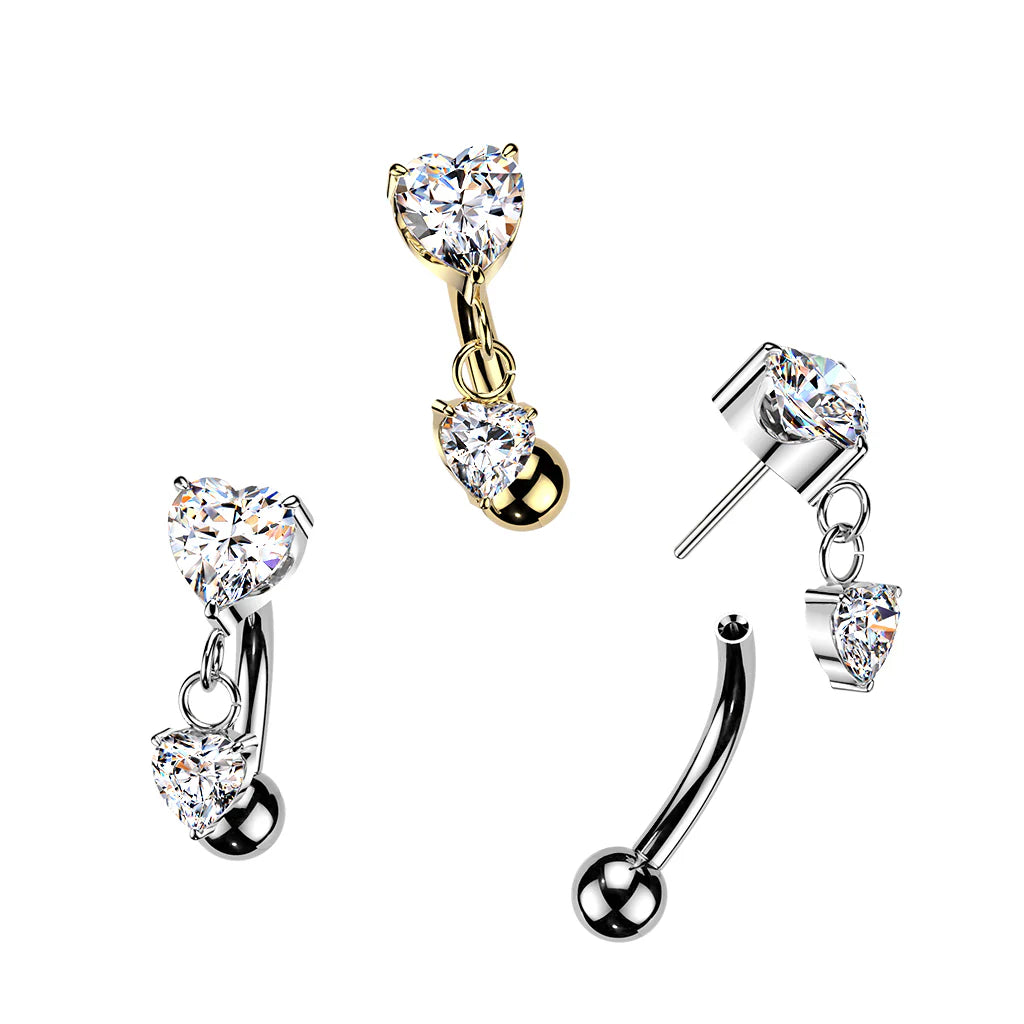 Titanium Threadless Push In Eyebrow Curved Barbell With Prong Set Heart CZ Top and Heart CZ Dangle