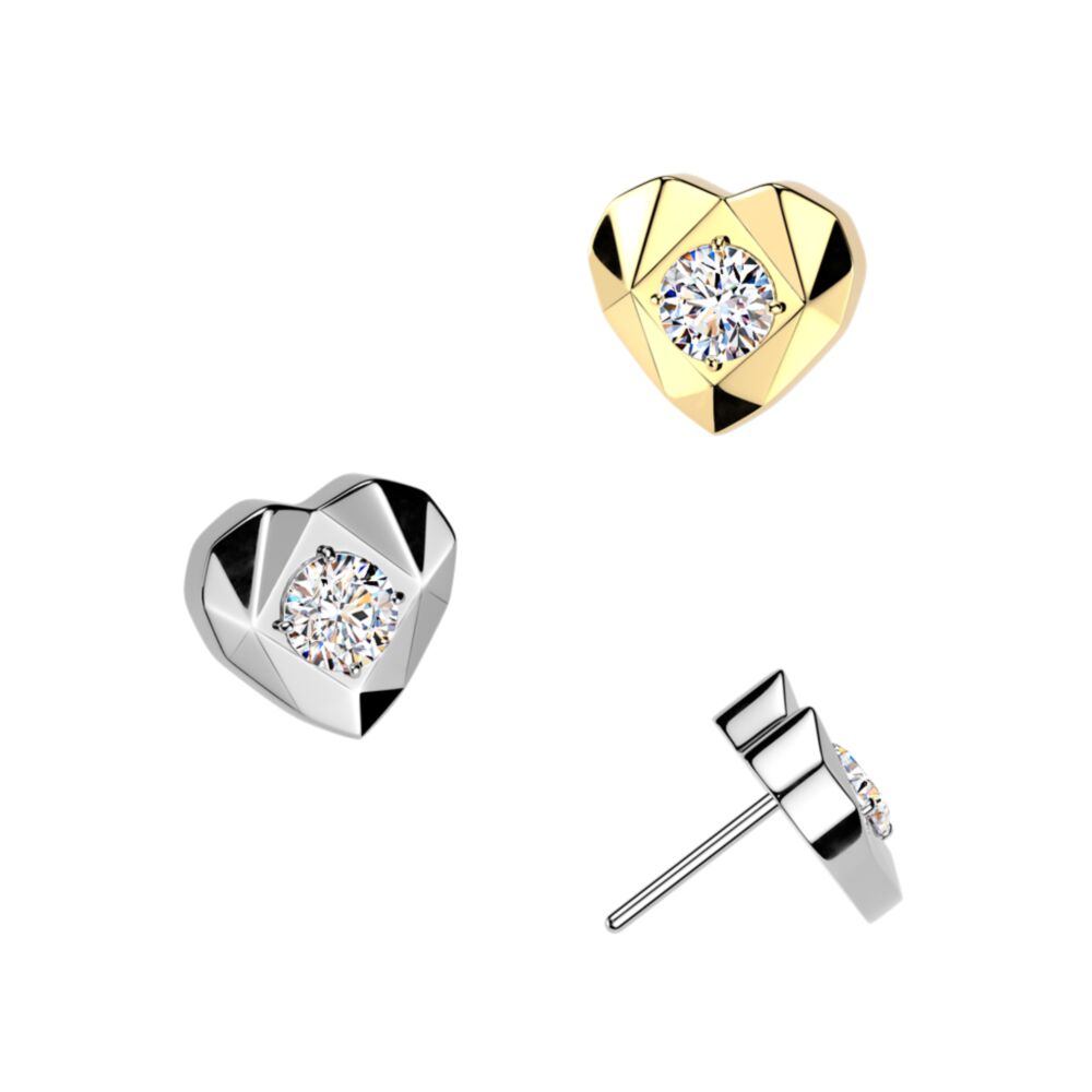 Titanium Threadless Push In Faceted Heart With CZ Center Top