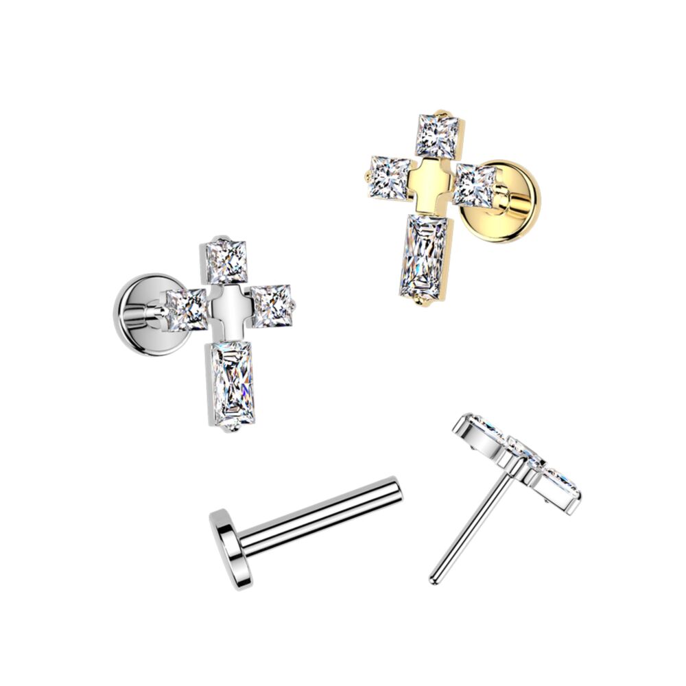 Titanium Threadless Push In Flat Back Earring Stud With 4 CZ Cross Top