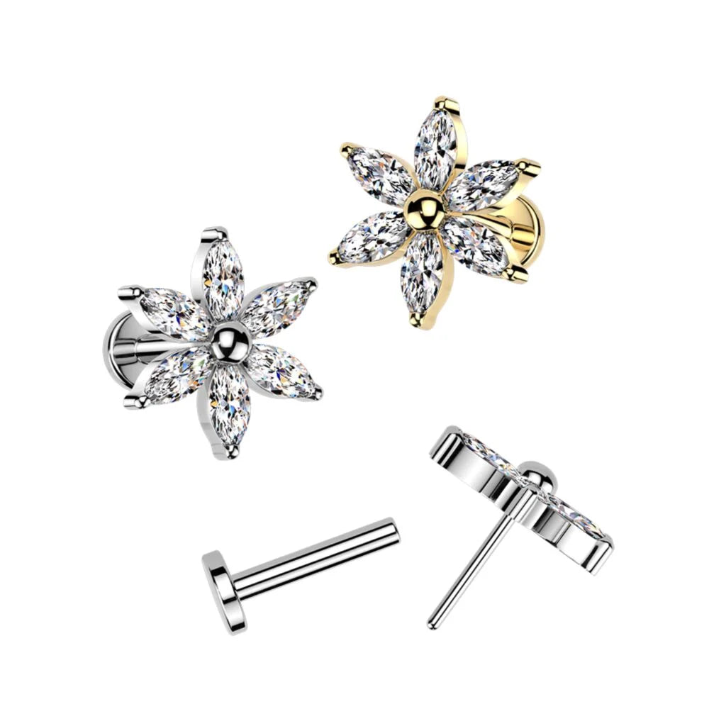 Titanium Threadless Push In Flat Back Earring Stud With 6 Marquise CZ Petals Flower