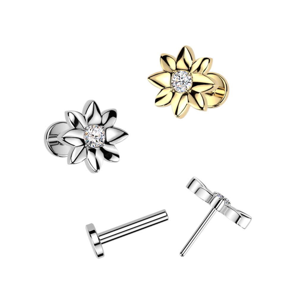 Titanium Threadless Push In Flat Back Earring Stud With CZ Center Flower Top