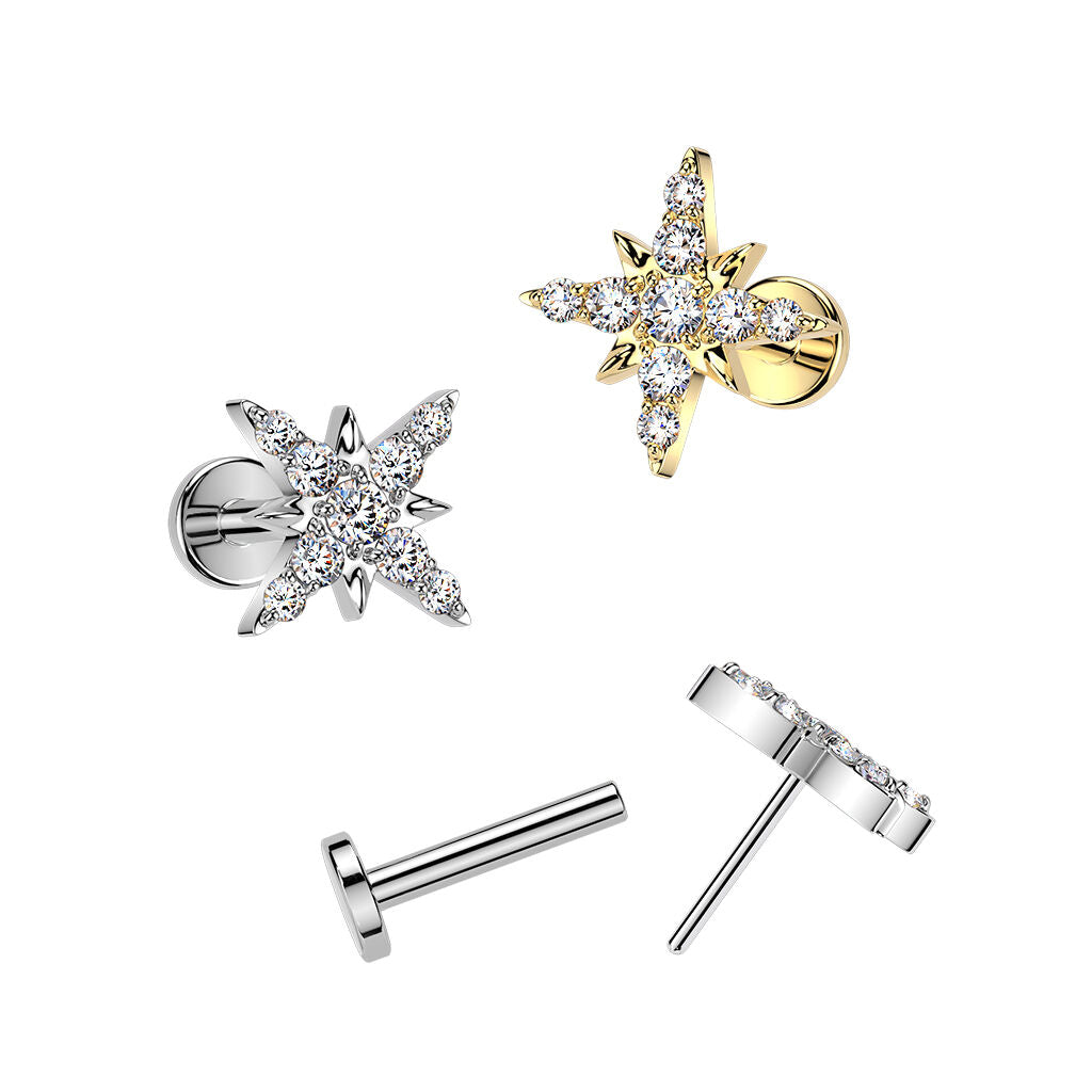 Titanium Threadless Push In Flat Back Earring Stud With CZ Pave Starburst Top