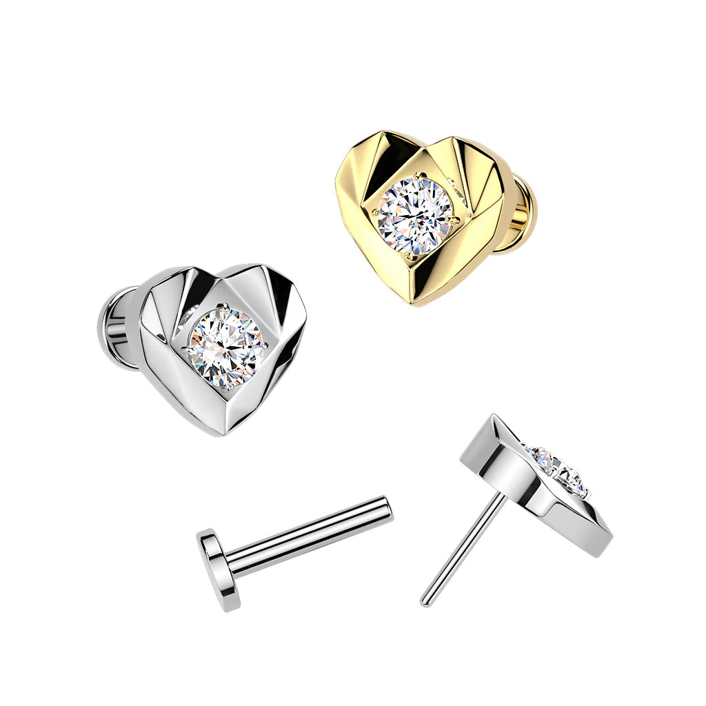 Titanium Threadless Push In Flat Back Earring Stud With Faceted Heart And CZ Center Top
