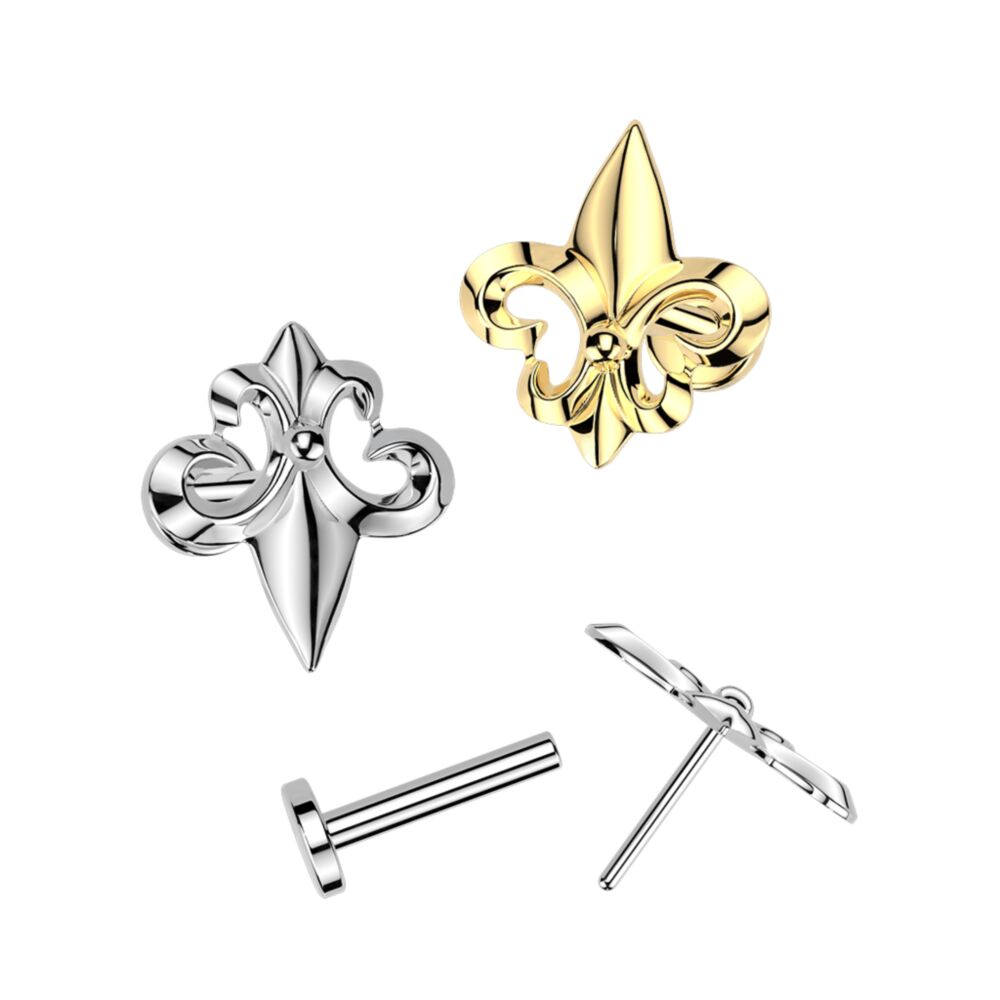 Titanium Threadless Push In Flat Back Earring Stud With Fleur De Lis Top