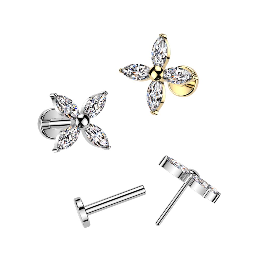 Titanium Threadless Push In Flat Back Earring Stud With Marquise CZ Flower Top