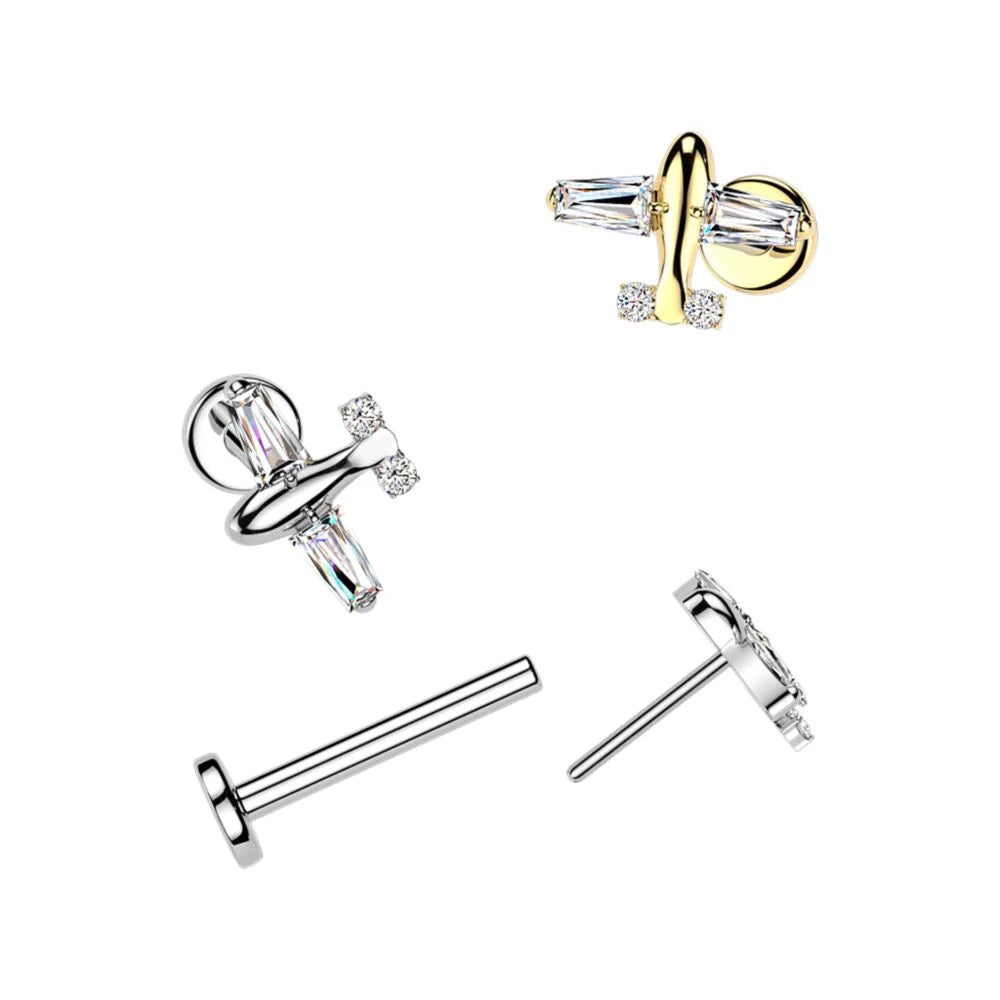Titanium Threadless Push In Flat Back Labret With CZ Airplane