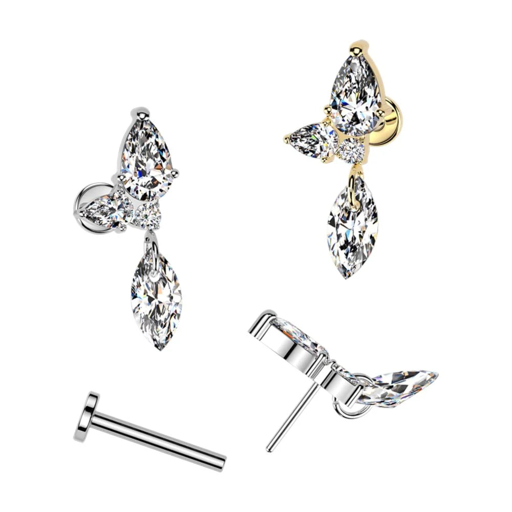 Titanium Threadless Push In Flat Back Labret With CZ Cluster & Marquise CZ Dangle