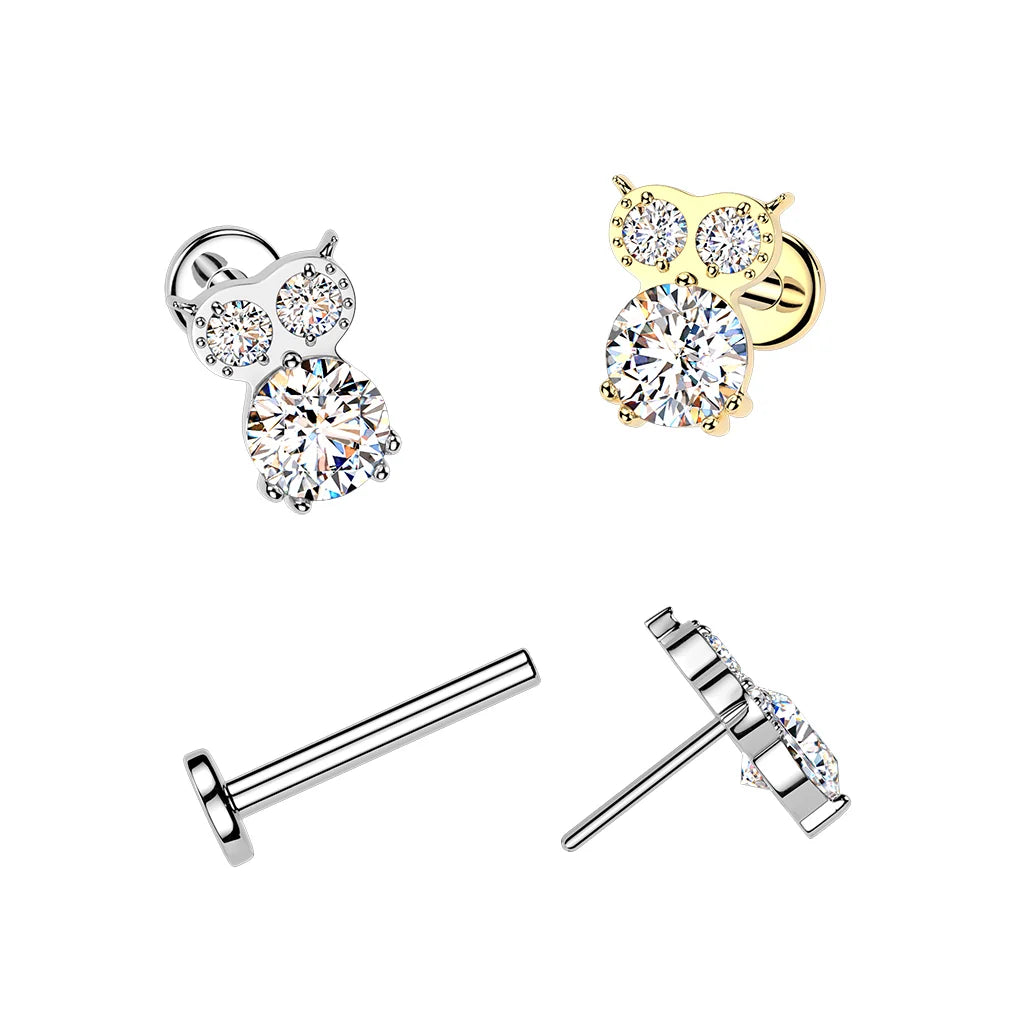 Titanium Threadless Push In Flat Back Labret With CZ Owl Top