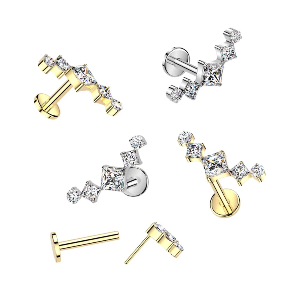 Titanium Threadless Push In Flat Back Labret With Diamond CZ Fan Top