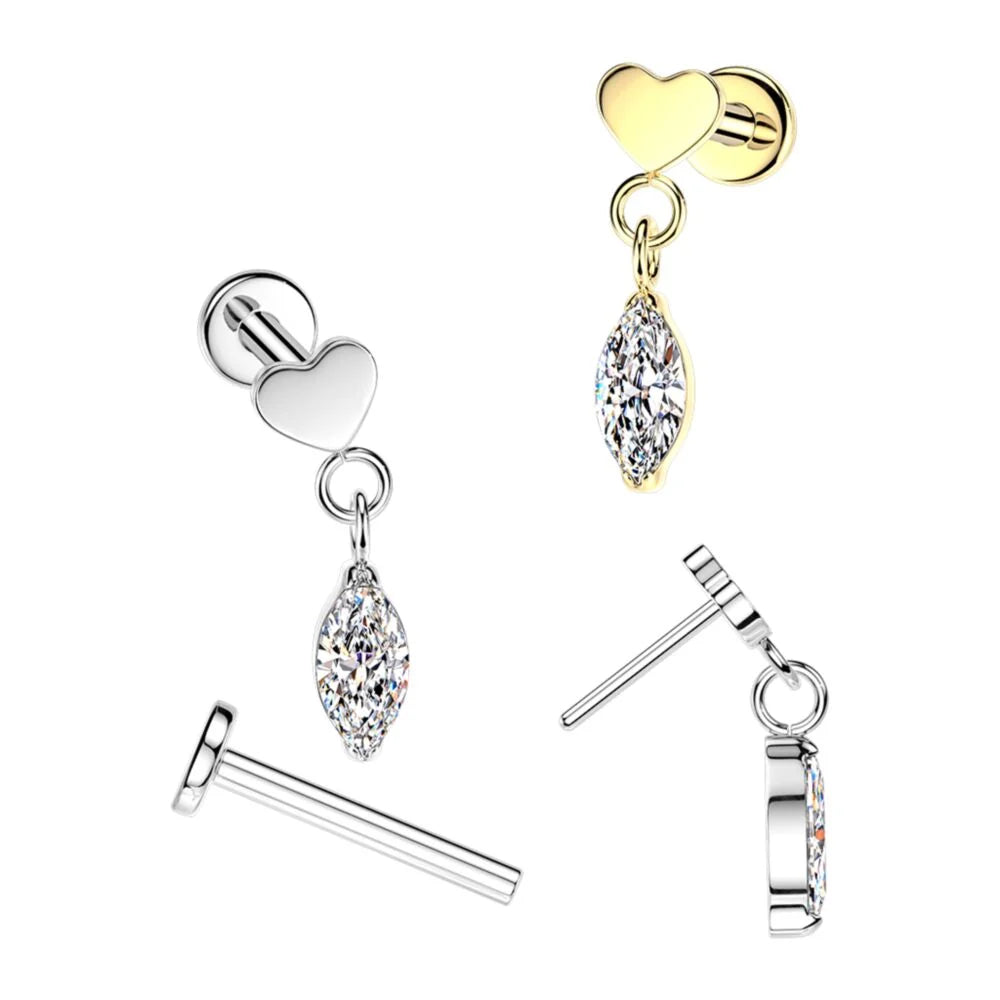 Titanium Threadless Push In Flat Back Labret With Flat Heart Top And Marquise CZ Dangle